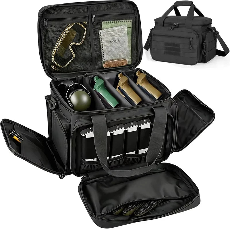 Tactical Gun Range Bag EDC Shoulder Bag Pistol Shooting Range Bag Hunting Carrying Case for 4 Handguns with 6 Magazine Slots