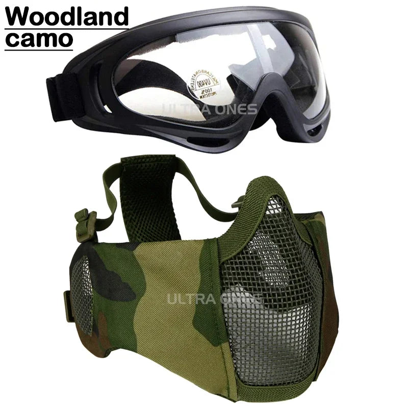 Tactical Airsoft Mask + Goggles Set Half Face Mesh Mask with Ear Cover Paintball Shooting CS Survival Games Cosplay