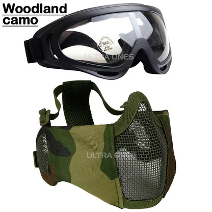 Tactical Airsoft Mask + Goggles Set Half Face Mesh Mask with Ear Cover Paintball Shooting CS Survival Games Cosplay