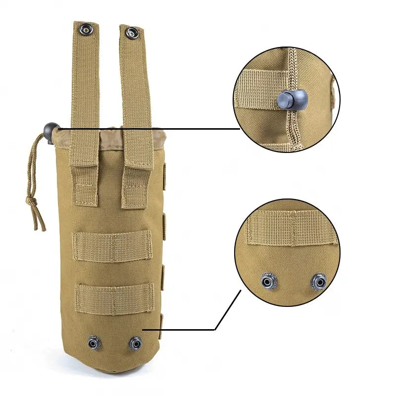 600D Tactical Small Water Bottle Bag Khaki Outdoor Hunting Bags with Multi-Function Adjustable Drawstring Molle External System