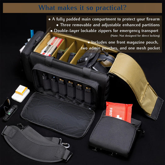 Tactical Pistol Bag for Handgun Ammo Shooting 5+ Pistols Transport  Range Bag for Military Training Range Shooting Handbag