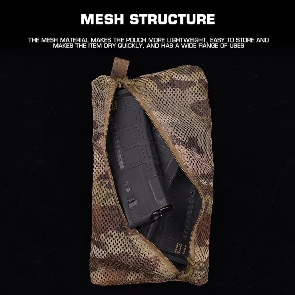 Compact Tactical Camouflage Storage Mesh Pouch Outdoor Hunting Camping MAG Tool Storage Bag 6x12inch Quick Drying Breathable