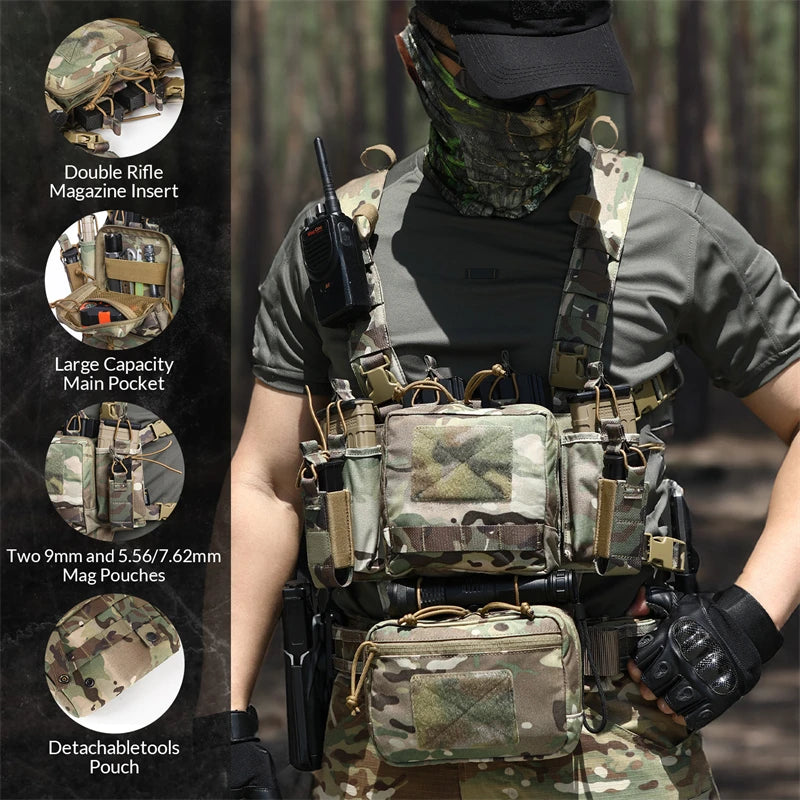 Lightweight Tactical Chest Rig Hunting Combat Vest Bag 500D Nylon Camouflage Quick Release With Two 9mmpistol mag Pouches