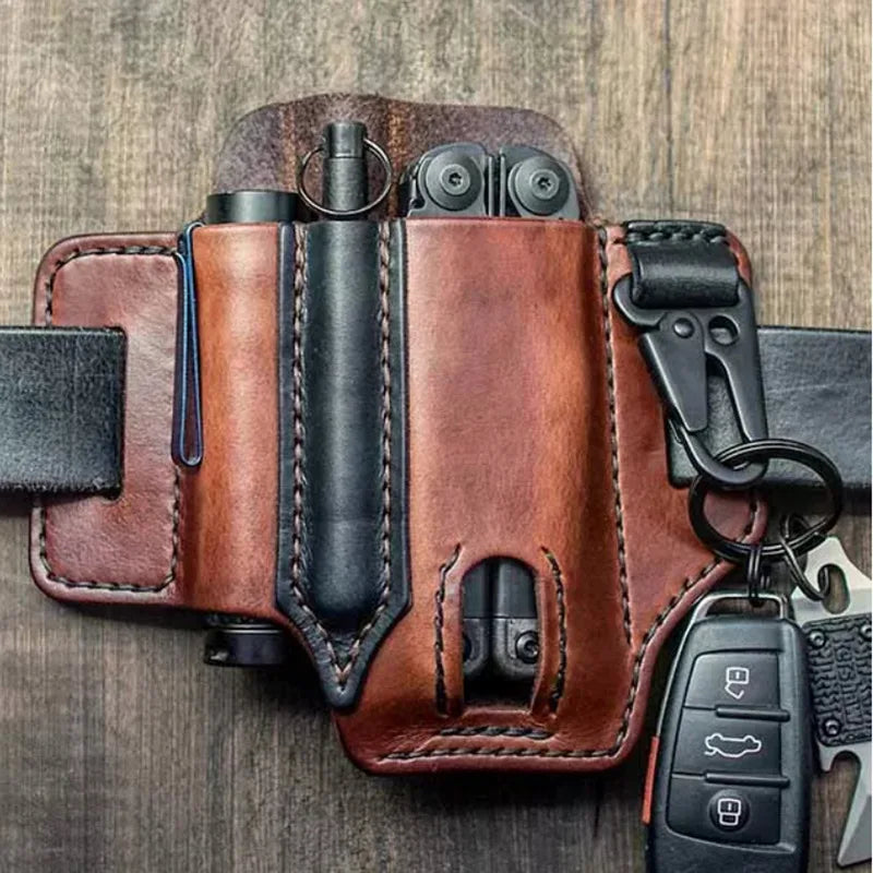 Leather EDC Tool Pouch Outdoor Tactical Flashlight Holder Waist Bag for Camping Hiking Survival
