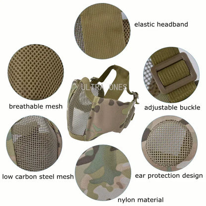 Tactical Airsoft Mask + Goggles Set Half Face Mesh Mask with Ear Cover Paintball Shooting CS Survival Games Cosplay