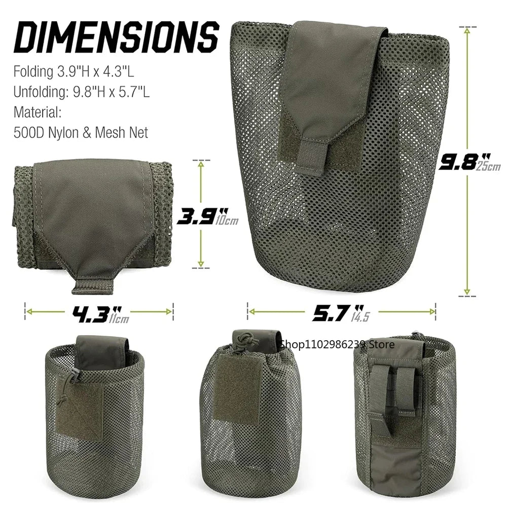 Tactical MOLLE Dump Pouch – Roll-Up Drawstring Magazine Utility Bag Folding Waist Bag with Mesh EDC Pocket for Hunting, Shooting