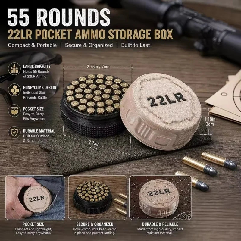 Large Capacity Mini Portable Ammo Storage Box with Screw Cap Design, Suitable for .22LR Caliber Ammunition, Compact and Durable