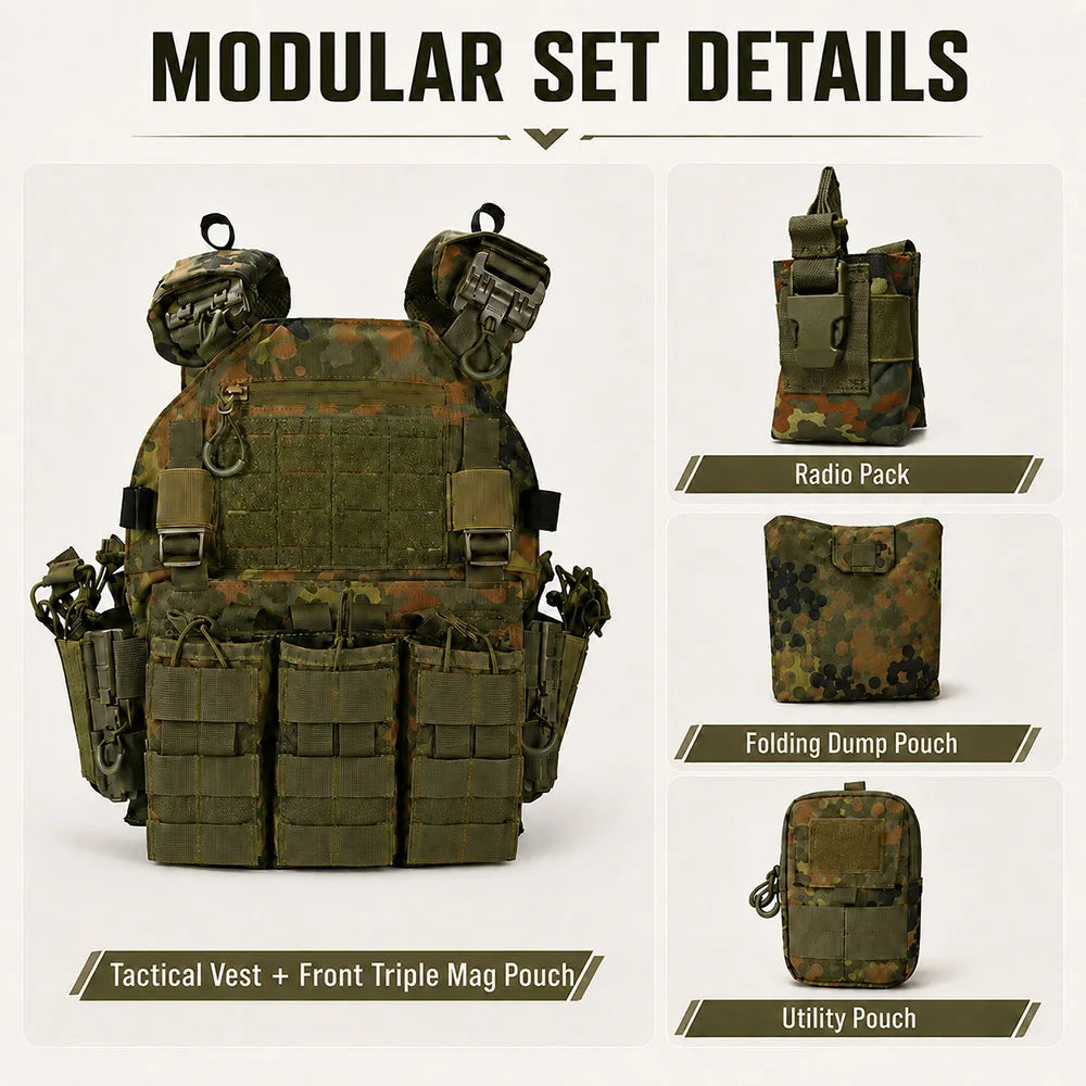 Modular Tactical Vest Set Quick‑Release MOLLE Vest with Mag Pouches Utility Bags for Airsoft Hunting Shooting Combat Training