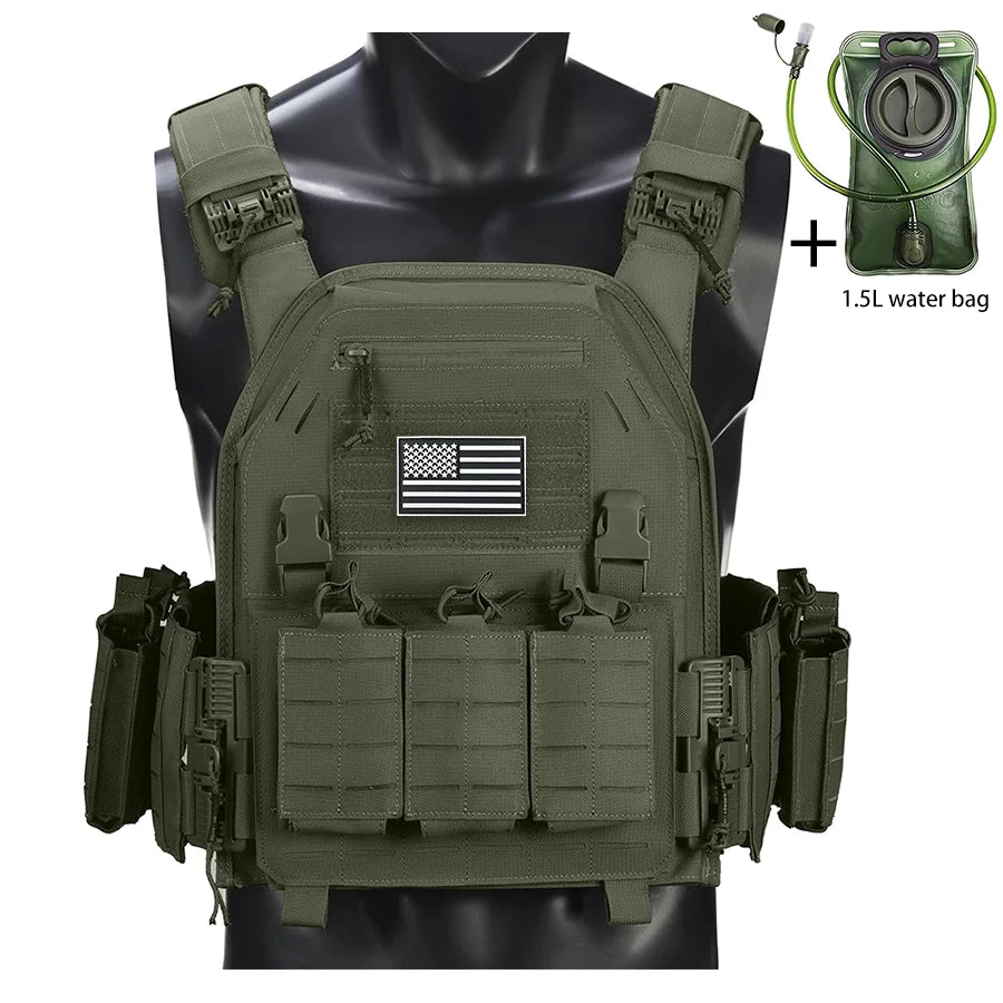 Outdoor camouflage vest with modular pockets and 1.5-liter water bag, suitable for hiking and exploration