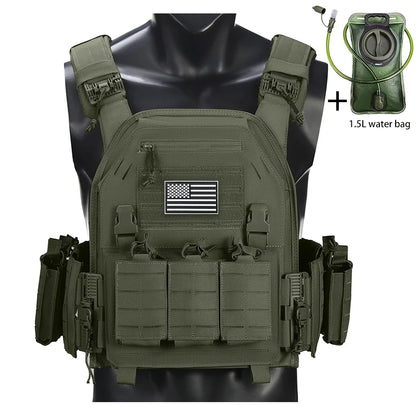 Outdoor camouflage vest with modular pockets and 1.5-liter water bag, suitable for hiking and exploration