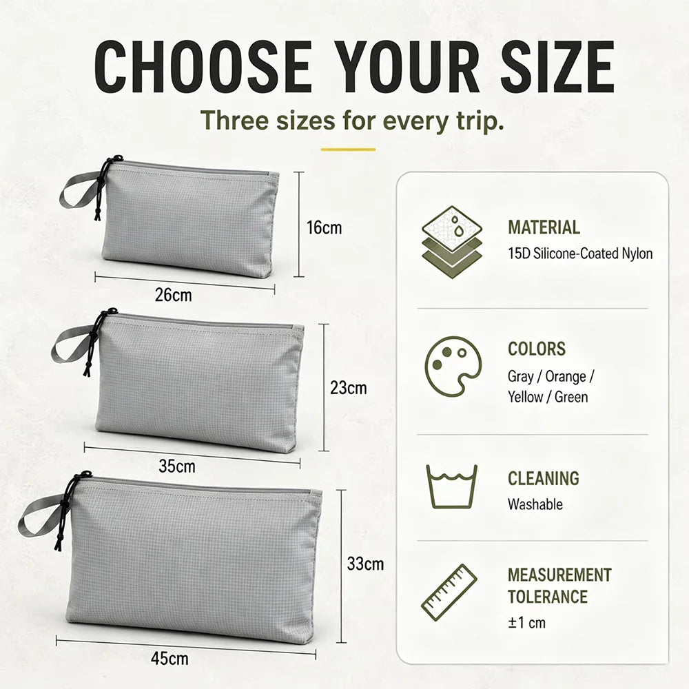 3PCS Ultralight Waterproof Travel Pouch Set 15D Silicone Coated Nylon Organizer Bags for Camping Hiking Backpack Packing