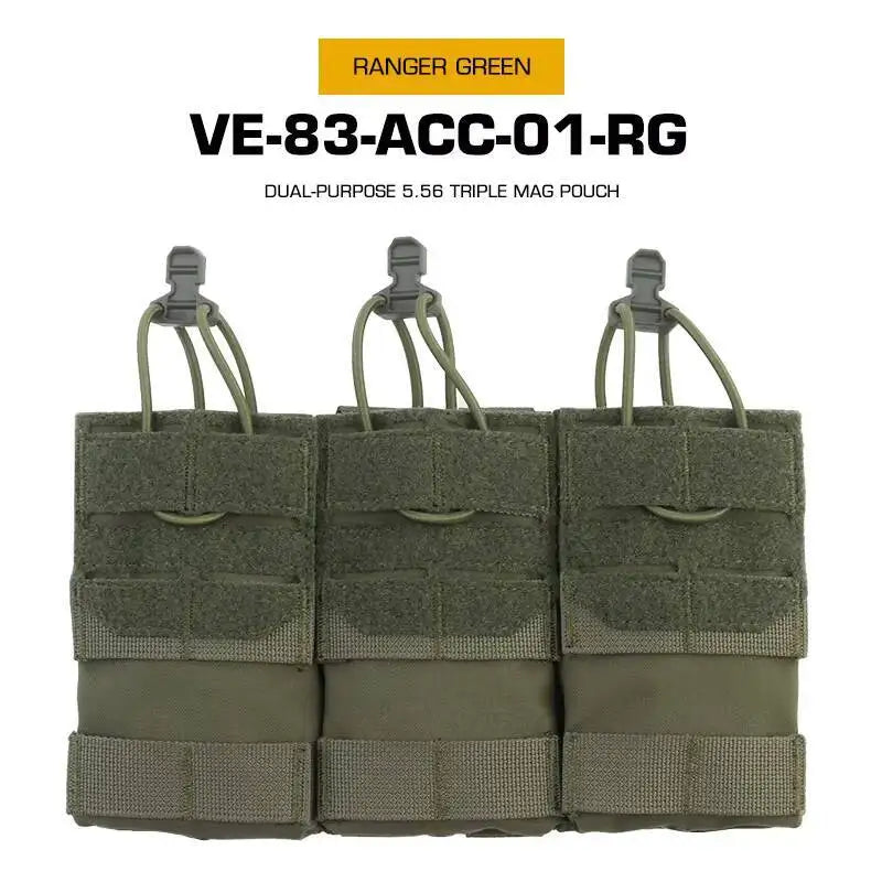 Dual Purpose 5.56 Triple Magazine Pouch MOLLE Bungee Cord Retention Tactical Vest K19 Plate Carrier Front Placard MAG Holder Bag