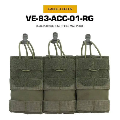 Dual Purpose 5.56 Triple Magazine Pouch MOLLE Bungee Cord Retention Tactical Vest K19 Plate Carrier Front Placard MAG Holder Bag