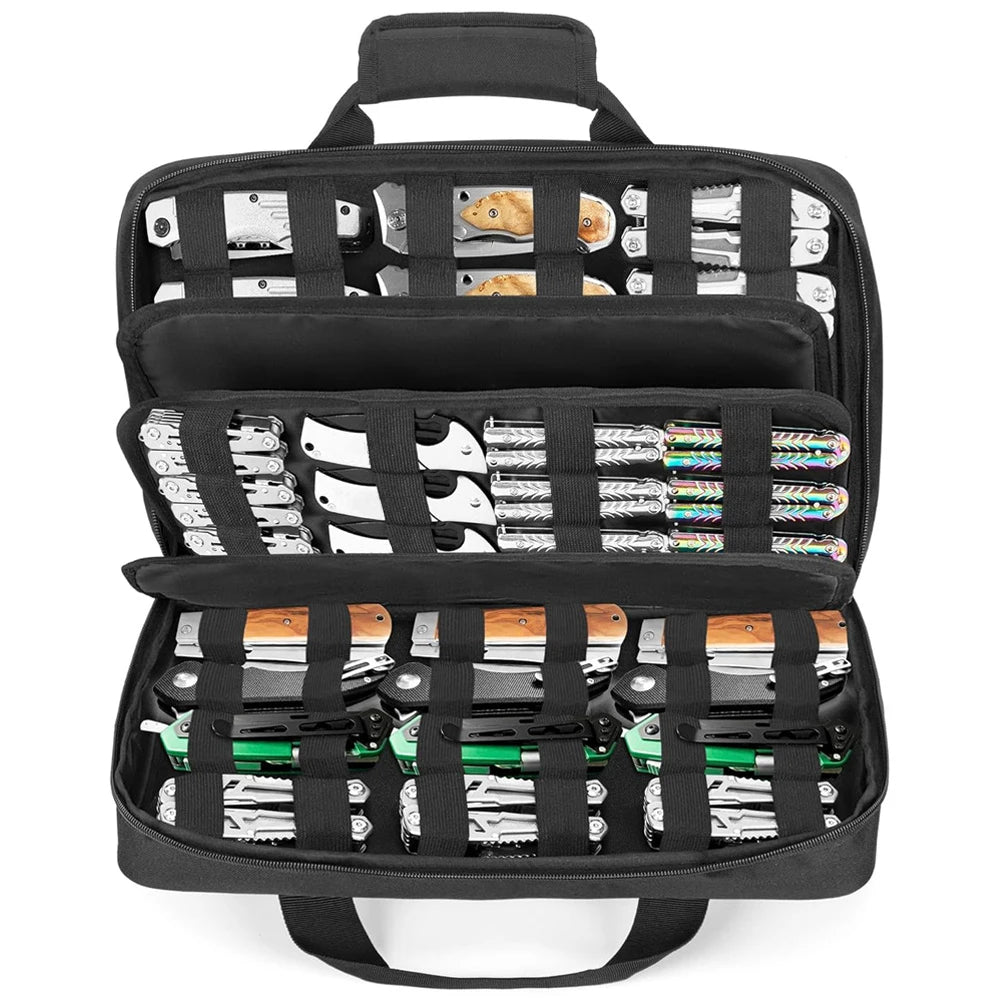 Tactical Knife Storage Bag Knives Display Bag 74+ Pocket Knife Organizer Soft Storage Case with 3 Different Size Slots