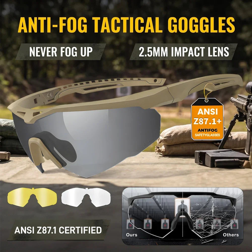 3 Lens Impact-Resistant Safety Glasses Interchangeable 2.5mm Tactical Glasses Anti-Fog Windproof Road Cycling Goggles Antiparras