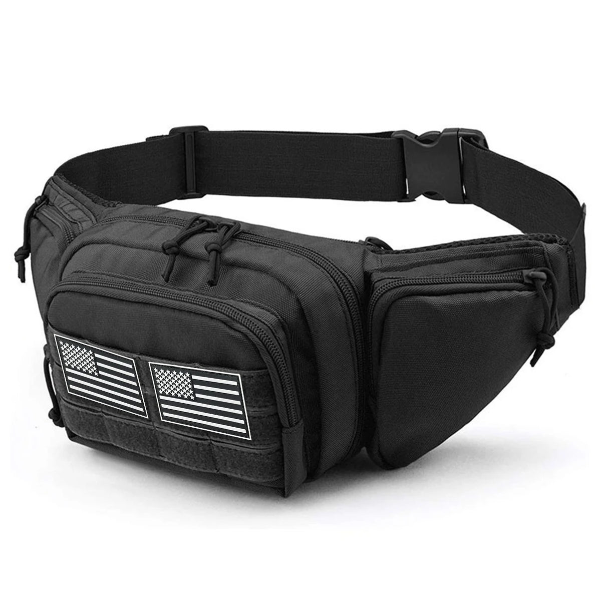 Multi pocket waist bag with adjustable waistband, breathable back, and Magic Sticky for hiking and hunting trips