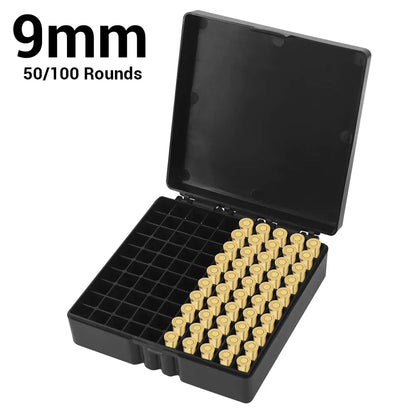 50/100-Round 9mm Pistol Ammo Storage Box 50/100-Grid PP Lockable Case for Shooting Hunting Outdoor Accessories Gift