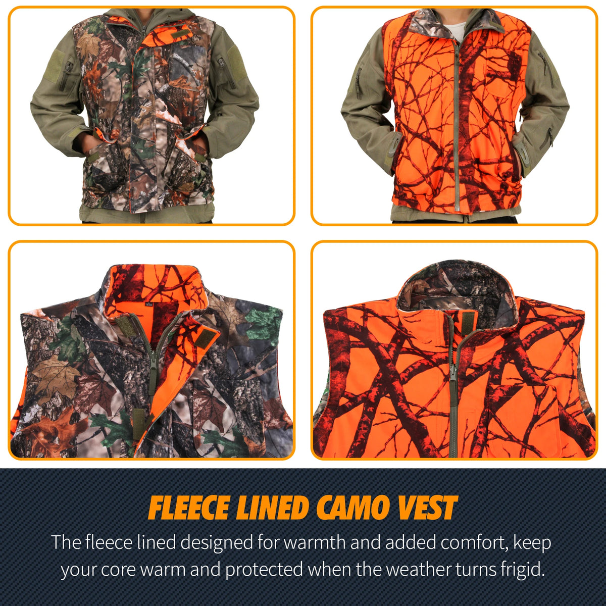 GUGULUZA Orange Camo Hunting Vest Fleece Game Waistcoat Two Side Vest Sleeveless Safety Vest Outdoor Hiking Fishing Hunting