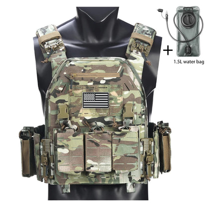 Outdoor camouflage vest with modular pockets and 1.5-liter water bag, suitable for hiking and exploration