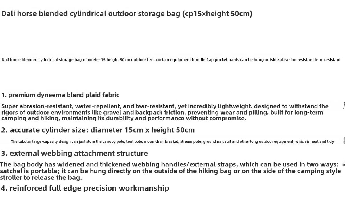 Cylindrical Storage Bag Heavy Duty Grid Oxford Wear Resistant Waterproof Outdoor Camping Tent Pole Awning Rod Gear Organizer Bag