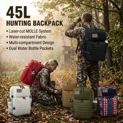 45L Large Capacity Tactical Hunting Backpack For Men With MOLLE Webbing System Dual Cup Holders Outdoor Survival Hiking Camping Rucksack For Wilderness Trip Travel Daily Work Commute Outdoor Camping Activities Gear Storage Backpack