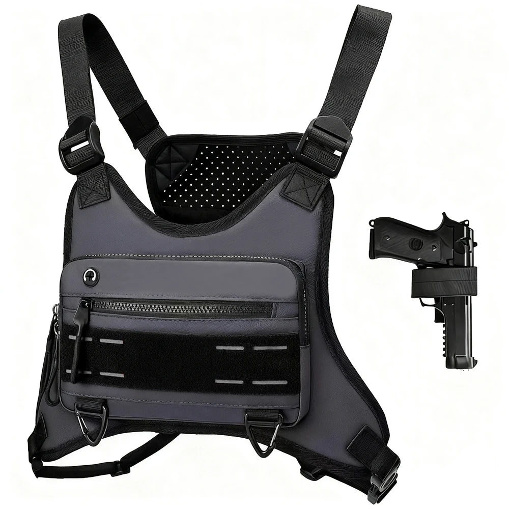 Sports Chest Bag with Pistol Gun Holster Lightweight Front Chest Pack Gun Storage Bag Running Vest Bag Outdoor EDC Tool Bag