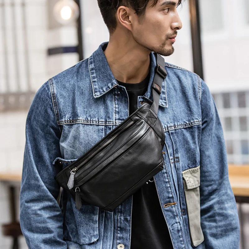 New Fashion Men's Genuine Leather Waist Bag Chest Pack Leather Waist Pack Male Fanny Bag Bum Money Bag MOLLE Belt Bag Pouch
