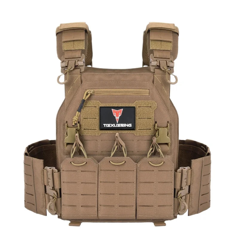 TIEXUEBING Laser Cut Tactical Carrier Vest Quick Release Adjustable Outdoor Hunting Airsoft CS Combat Vest with Triple Pouch