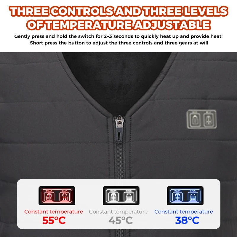 12 Heating Areas USB Heated Vest Unisex Winter Electric Heating Jacket Carbon Fiber 3 Gear Temperature Control Outdoor Skiing