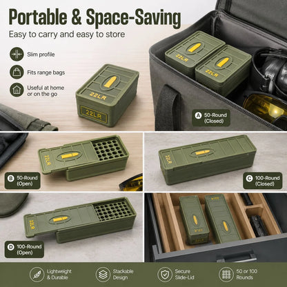 22 LR ammo drawer box, holds 50/100 rounds; made of durable plastic, portable and spill-proof.
