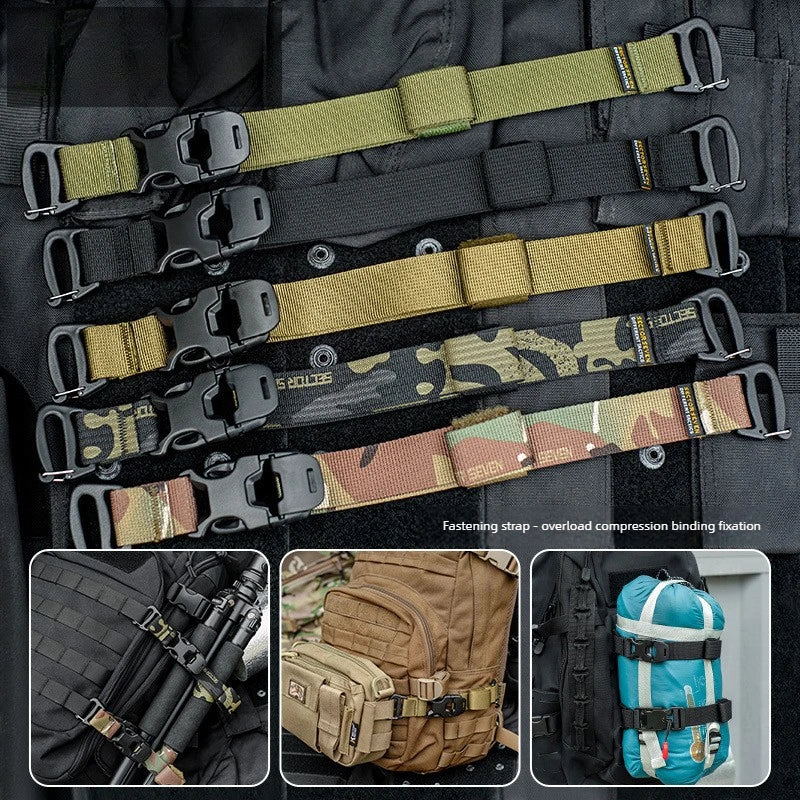 MOLLE Compression Straps with Buckle Clips, Reinforced Tie-Down for Sleeping Bags & Camera Mounts, for Tactical Backpacks.