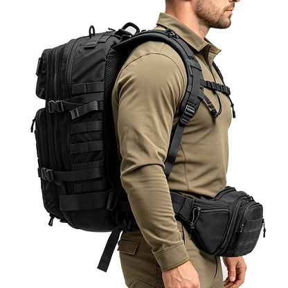 Large capacity backpack+matching adjustable waist bag, rich internal compartments, strong expandability, quick buckle strap