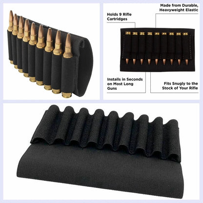 9 Rounds Rifle Buttstock Shell Ammo Holder Cartridge Shot Gun Shell Magazine fits most hunting rifles Elastic Nylon Black