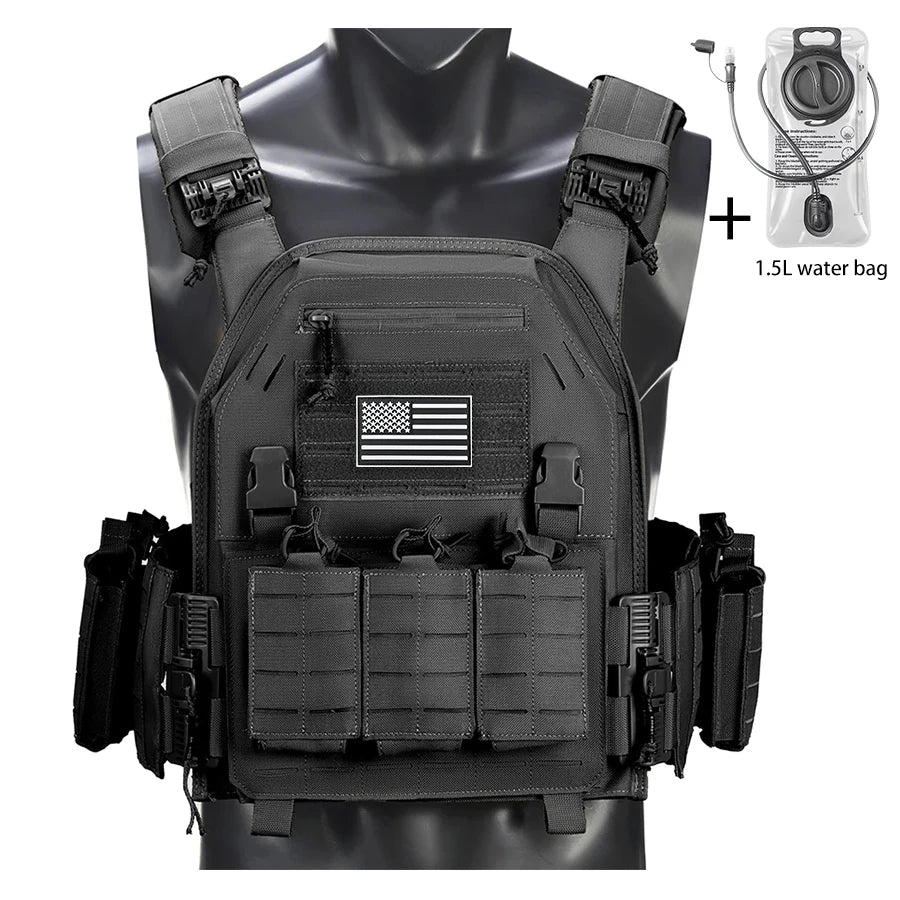 Outdoor camouflage vest with modular pockets and 1.5-liter water bag, suitable for hiking and exploration