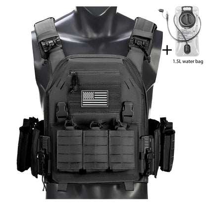 Outdoor camouflage vest with modular pockets and 1.5-liter water bag, suitable for hiking and exploration