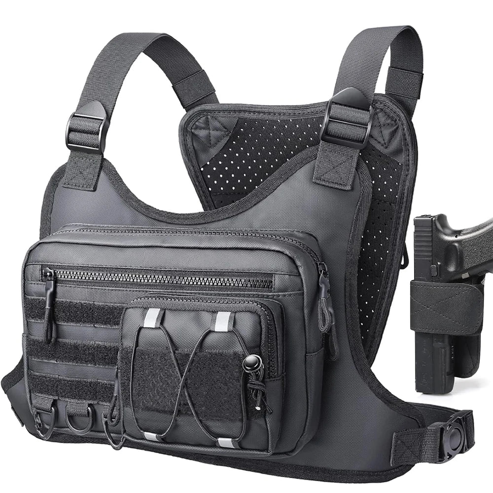 Molle Chest Rig Bag with Gun Holster Pistol EDC Chest Pack Concealed Carry Tactical Chest Holster for Running Hunting Vest Bag