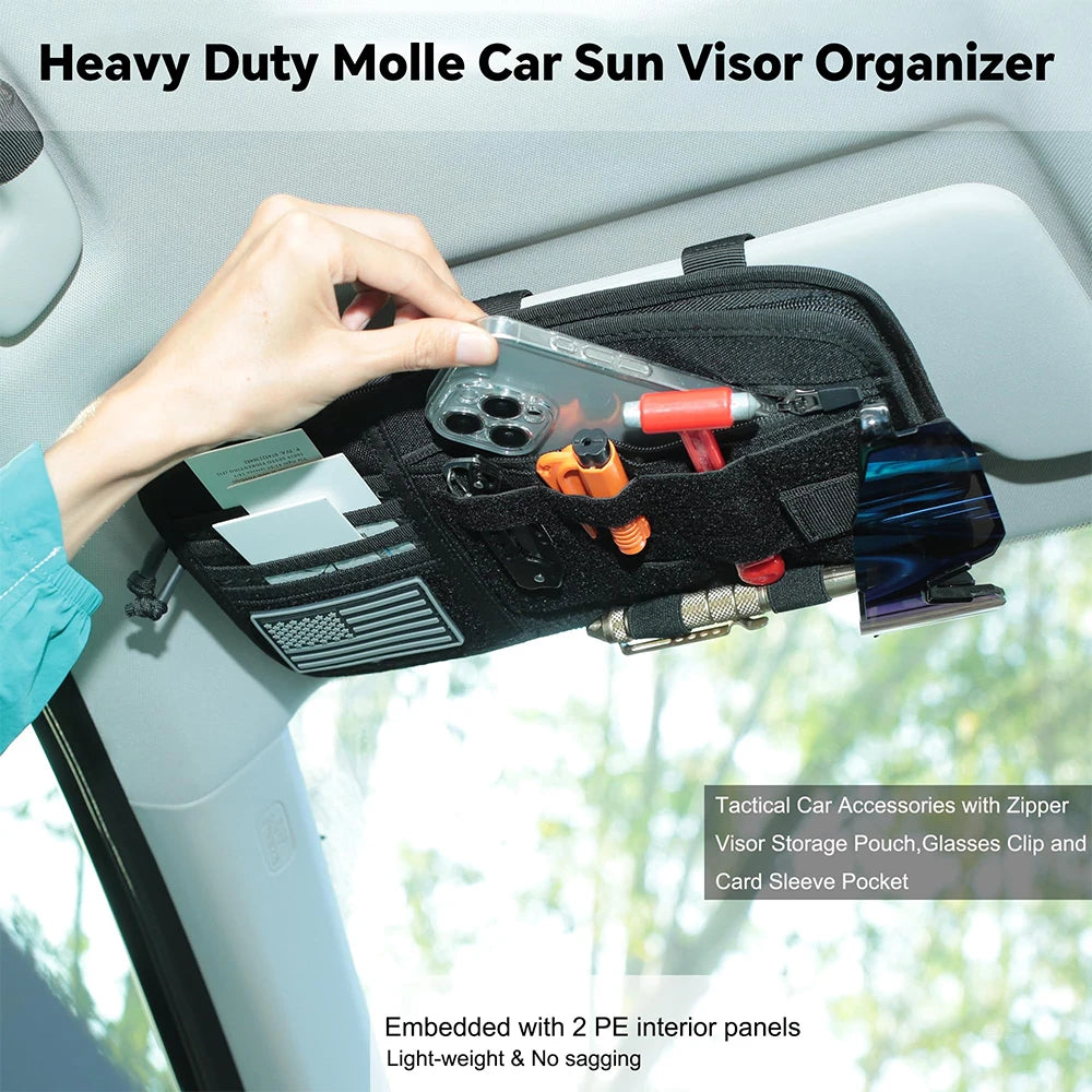 Tactical Car Visor Organizer with Molle Panel Sunglasses Holder Zipper Pockets Car Sunshade Storage Clip for Truck Car Accessory