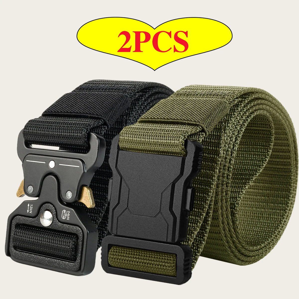 2‑Pack Tactical Nylon Belts, Quick Release Buckle Men's Outdoor Waist Belt, Versatile Casual Work Canvas Trouser Belt