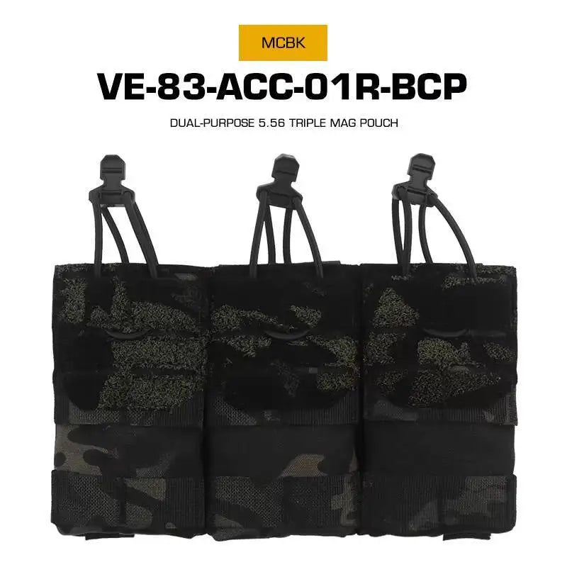 Dual Purpose 5.56 Triple Magazine Pouch MOLLE Bungee Cord Retention Tactical Vest K19 Plate Carrier Front Placard MAG Holder Bag