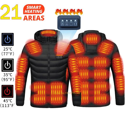 Winter Heated Jacket for Skiing & Hiking, Men Women USB Thermal Coat with 21 Heating Areas, Washed Cotton Camping Gear