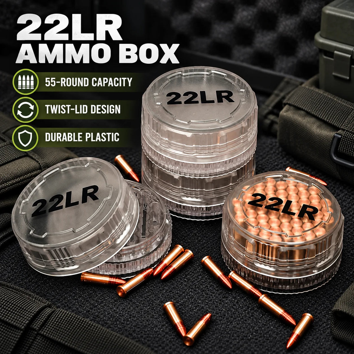 55-round ammo capacity; suitable for .22LR cartridges; portable pocket ammo storage box; translucent plastic material