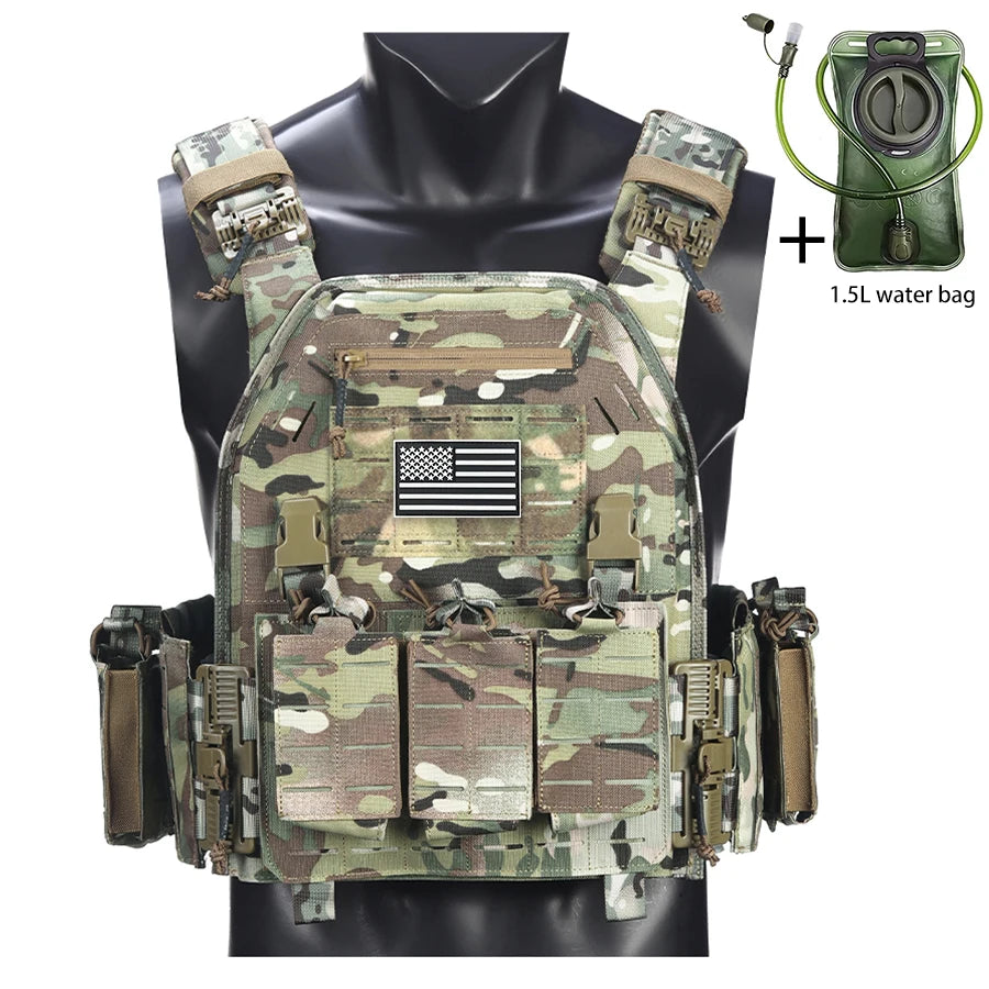 Outdoor camouflage vest with modular pockets and 1.5-liter water bag, suitable for hiking and exploration