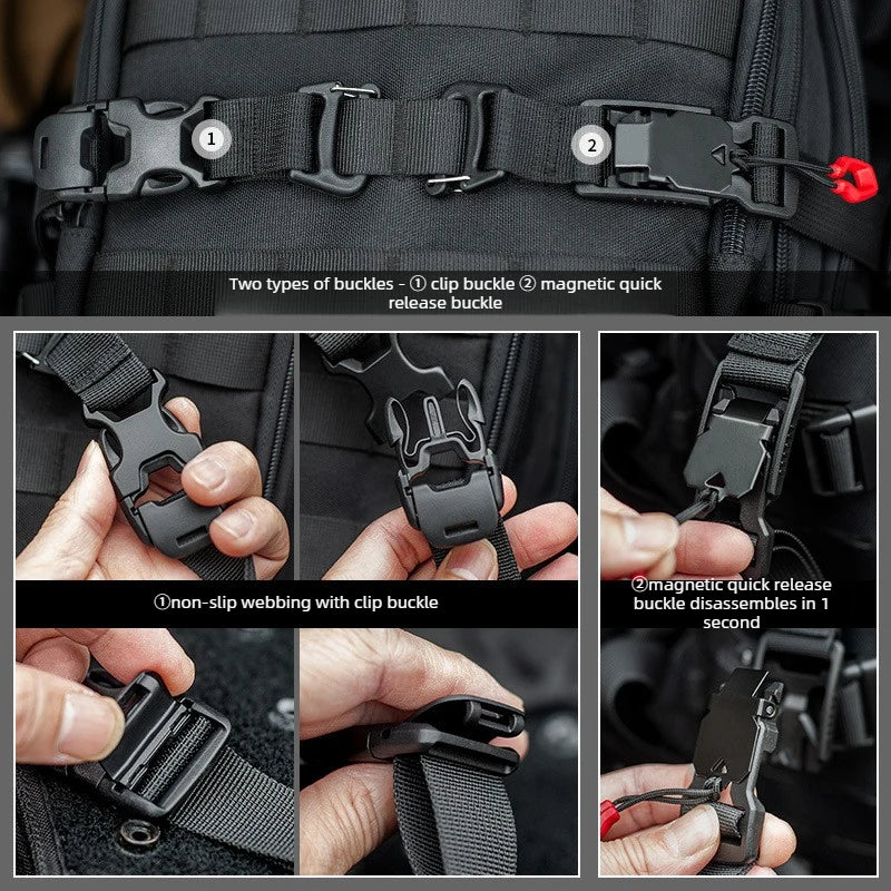 MOLLE Compression Straps with Buckle Clips, Reinforced Tie-Down for Sleeping Bags & Camera Mounts, for Tactical Backpacks.