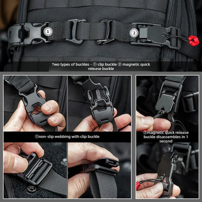 MOLLE Compression Straps with Buckle Clips, Reinforced Tie-Down for Sleeping Bags & Camera Mounts, for Tactical Backpacks.