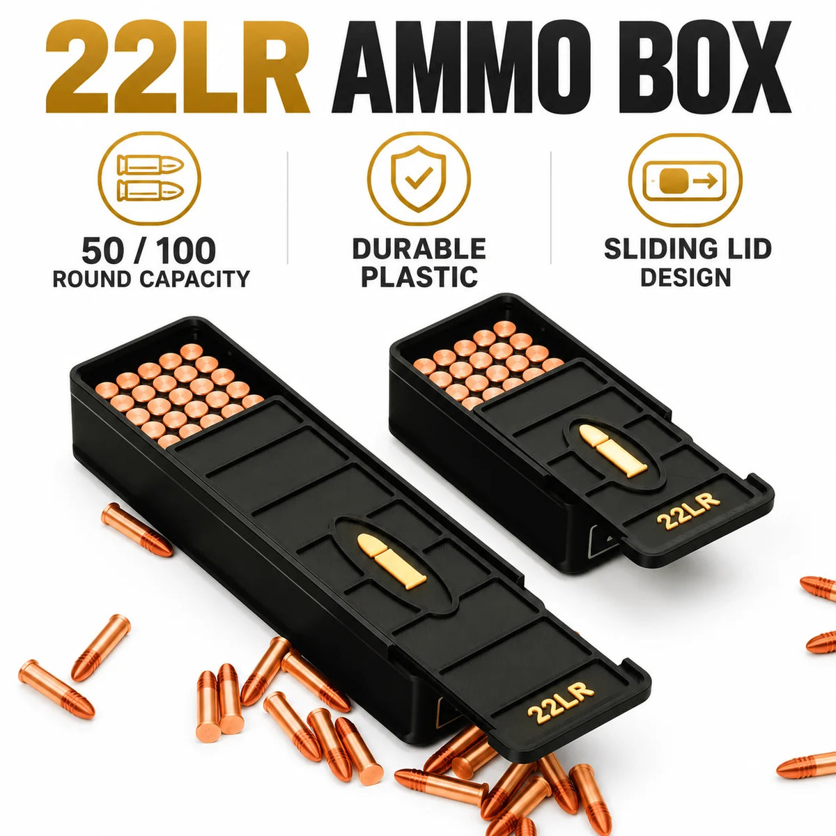 .22LR Ammo Storage Box 50/100 Round Two Ammo Capacity Storage Box 3D Printed Plastic Material