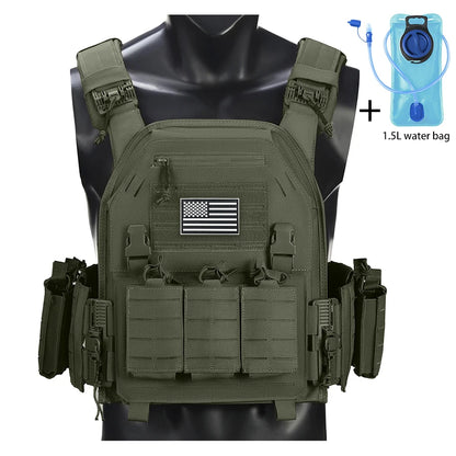 Outdoor camouflage vest with modular pockets and 1.5-liter water bag, suitable for hiking and exploration