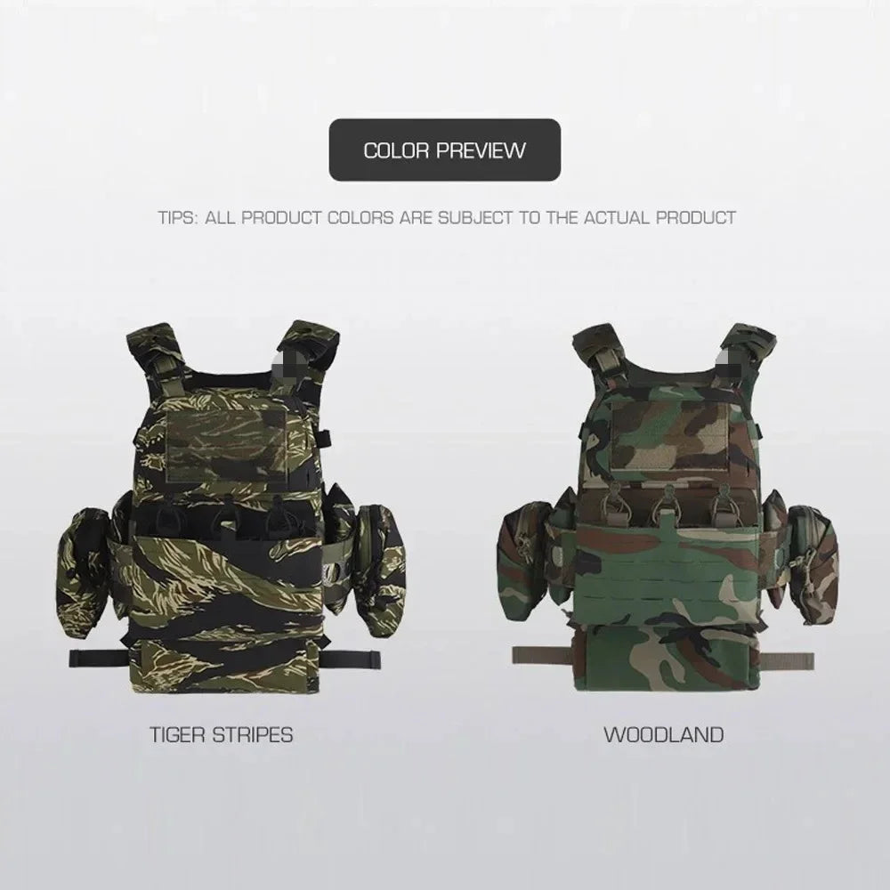 Tactical Vest Ferro Style Plate Carrier V5 FCPC Tiger Stripes with Side Pockets, Triple Magazine Pouch, Roll 1 IFAK Trauma Pouch