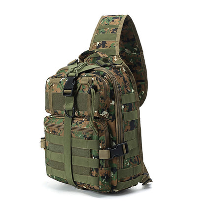 Large capacity shoulder crossbody bag and chest bag with multiple zipper compartments and MOLLE expansion system