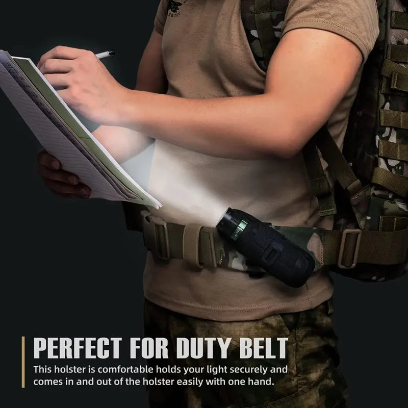 Tactical Flashlight Pouch Holster with Rotatable Holder And Belt Clip - 360 Degree Carabiner Reel Clip for Tactical Torch Carry