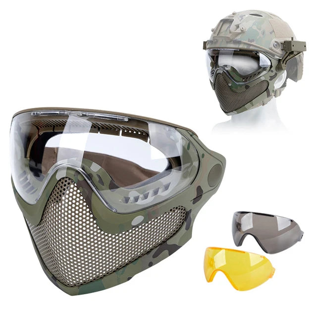 Tactical Full Face Mask Paintball Airsoft Cs Shooting Steel Mesh Breathable Protective Head/ Helmet Wearing Masks Hunting Gear